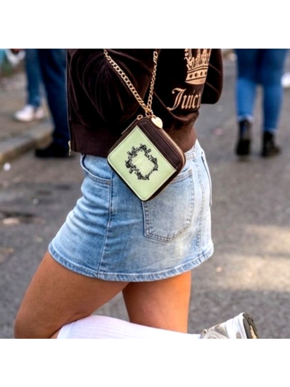 Juicy Couture Heritage Zip Wallet sage green embroidered crest gold chain strap